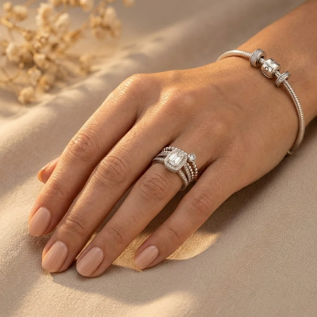 A high-end gold diamond ring reflecting beautifully on a polished white cast acrylic sheet