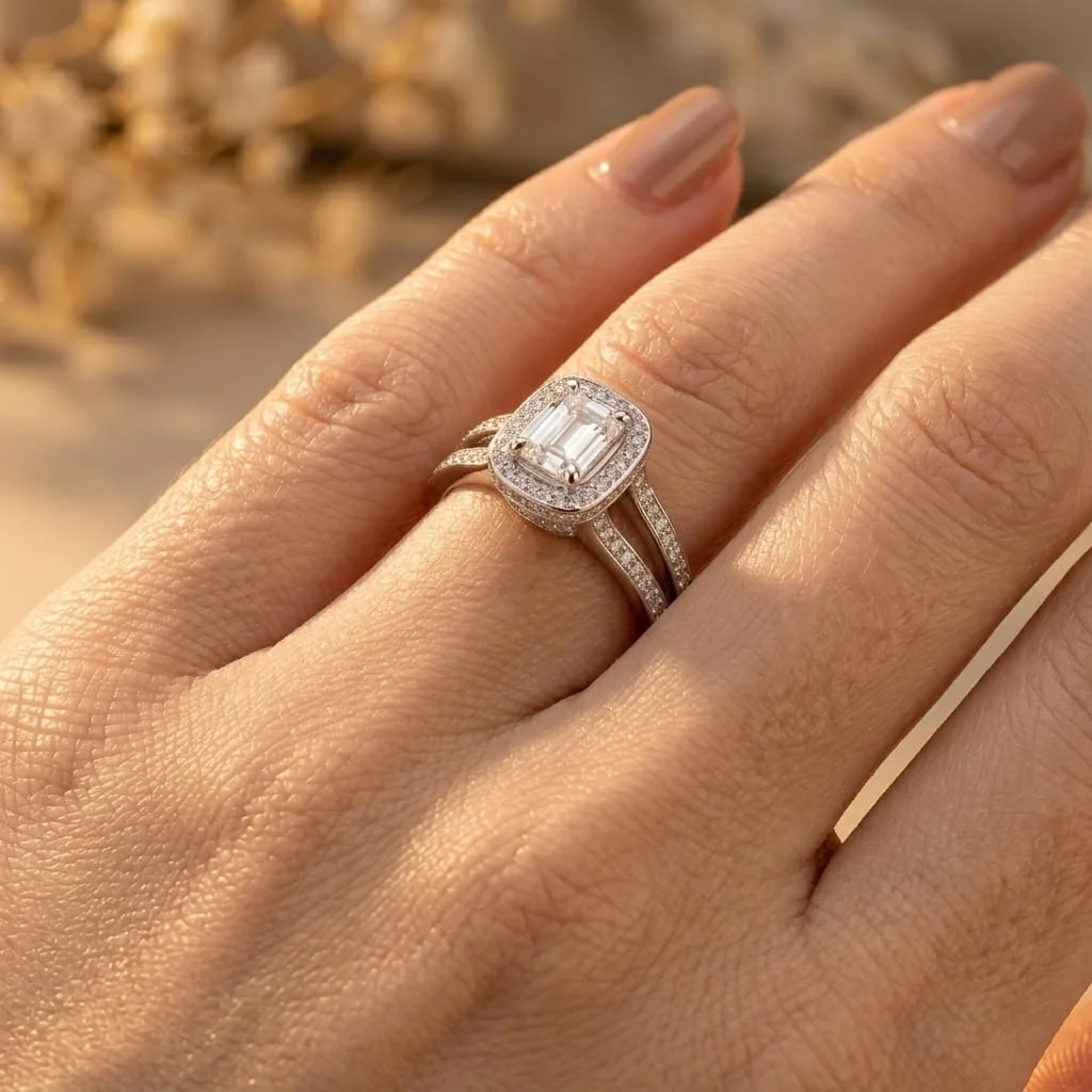 UGC close-up lifestyle photo of a model's hand wearing delicate gold rings, holding a ceramic cup in warm afternoon light