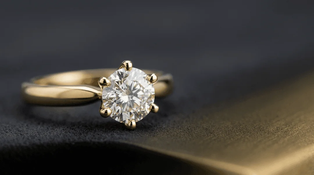 Macro detail of solitaire diamond ring prongs and facets reflecting clean light