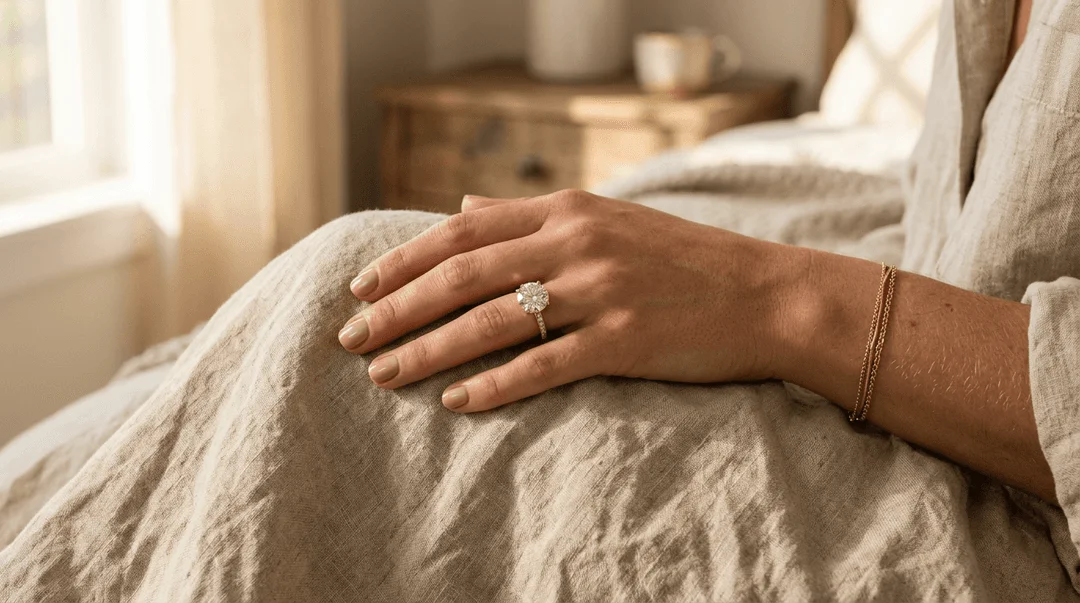 UGC photo of model's finger wearing a gold ring, natural afternoon window light