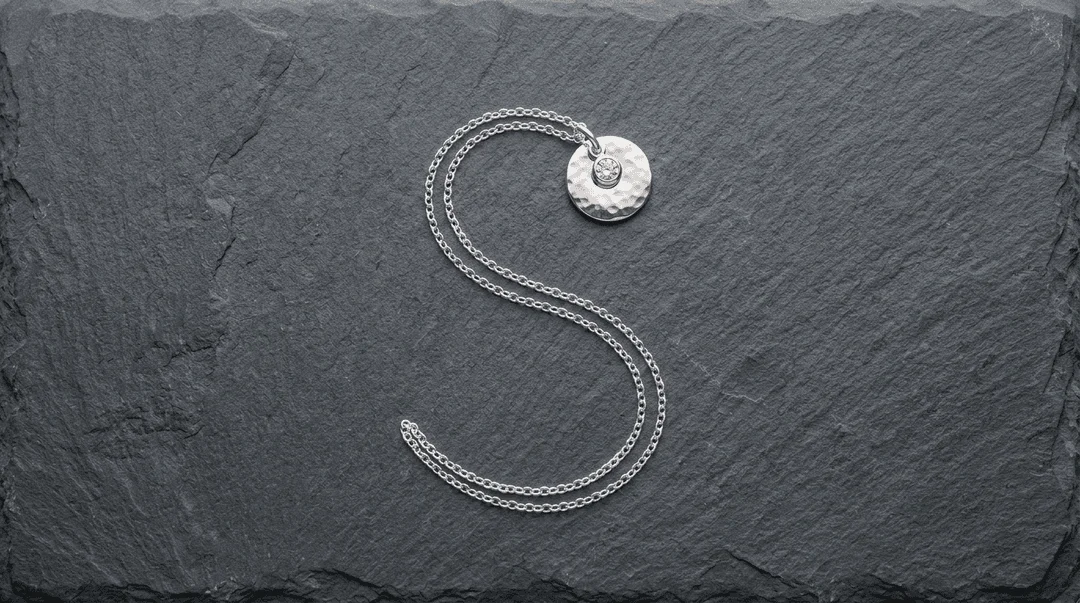 Silver pendant chain necklace arranged in a neat S-curve flat lay on dark slate
