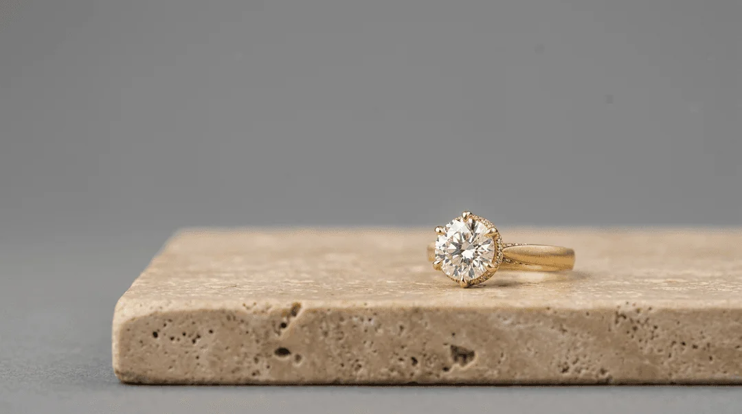 Gold diamond ring on neutral grey background shot with cross-polarized light to prevent reflections