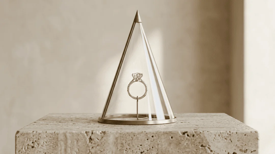 Solitaire diamond ring placed inside a white light cone modifier on travertine