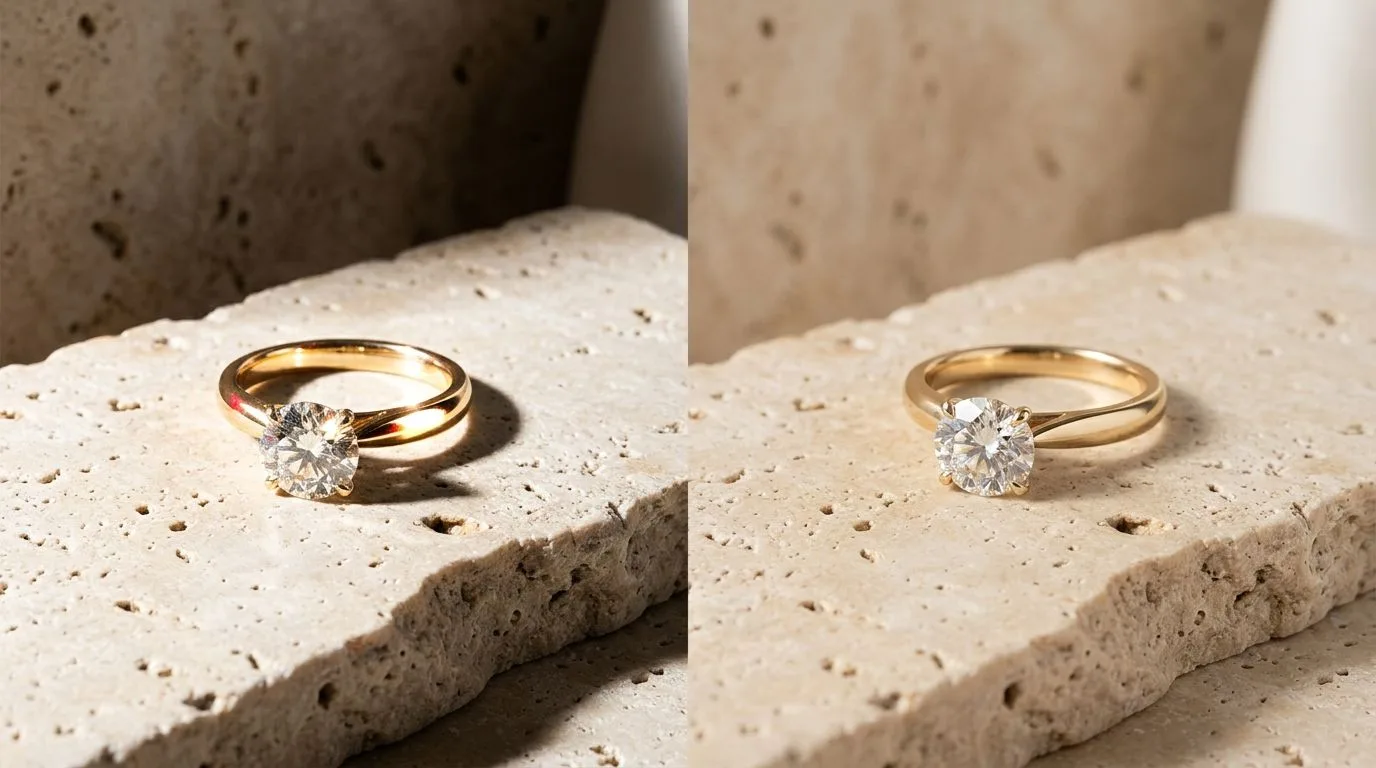 Comparison showing direct harsh key light versus soft diffused light on a gold solitaire ring