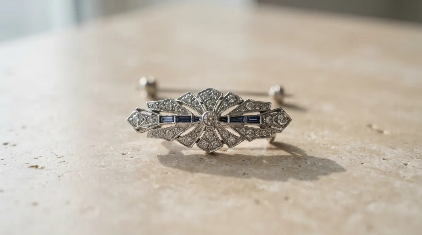 Close-up photo of a silver brooch with blurred pin details and distorted shadows on a flat table