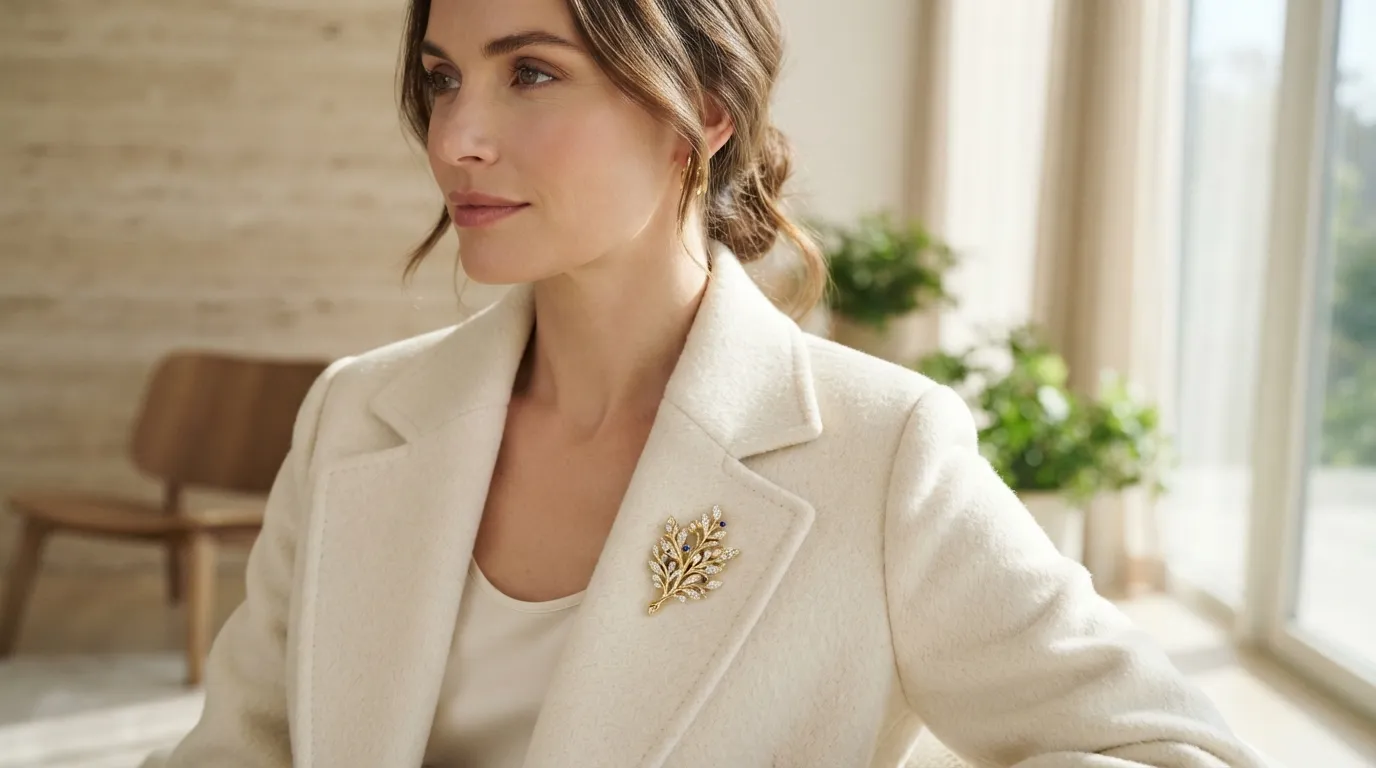 Close-up UGC lifestyle photo of a model wearing a gold brooch on a white coat, sunlit setting