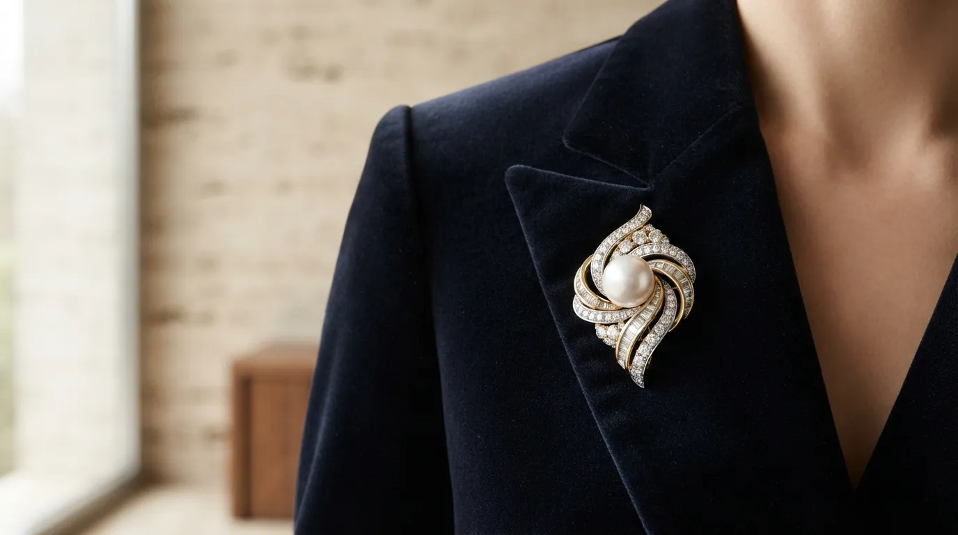 UGC photo of an elegant pearl brooch styled on a dark velvet jacket lapel, natural indoor light