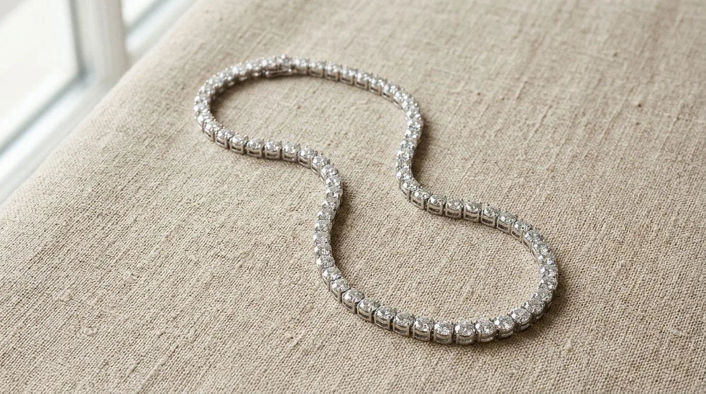 Studio flat lay of a sparkling diamond tennis necklace draped on textured natural beige linen