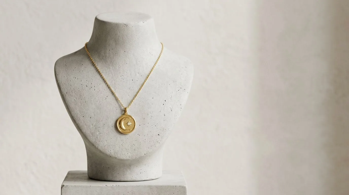 Gold pendant necklace styled on a concrete neck mannequin stand under soft studio light