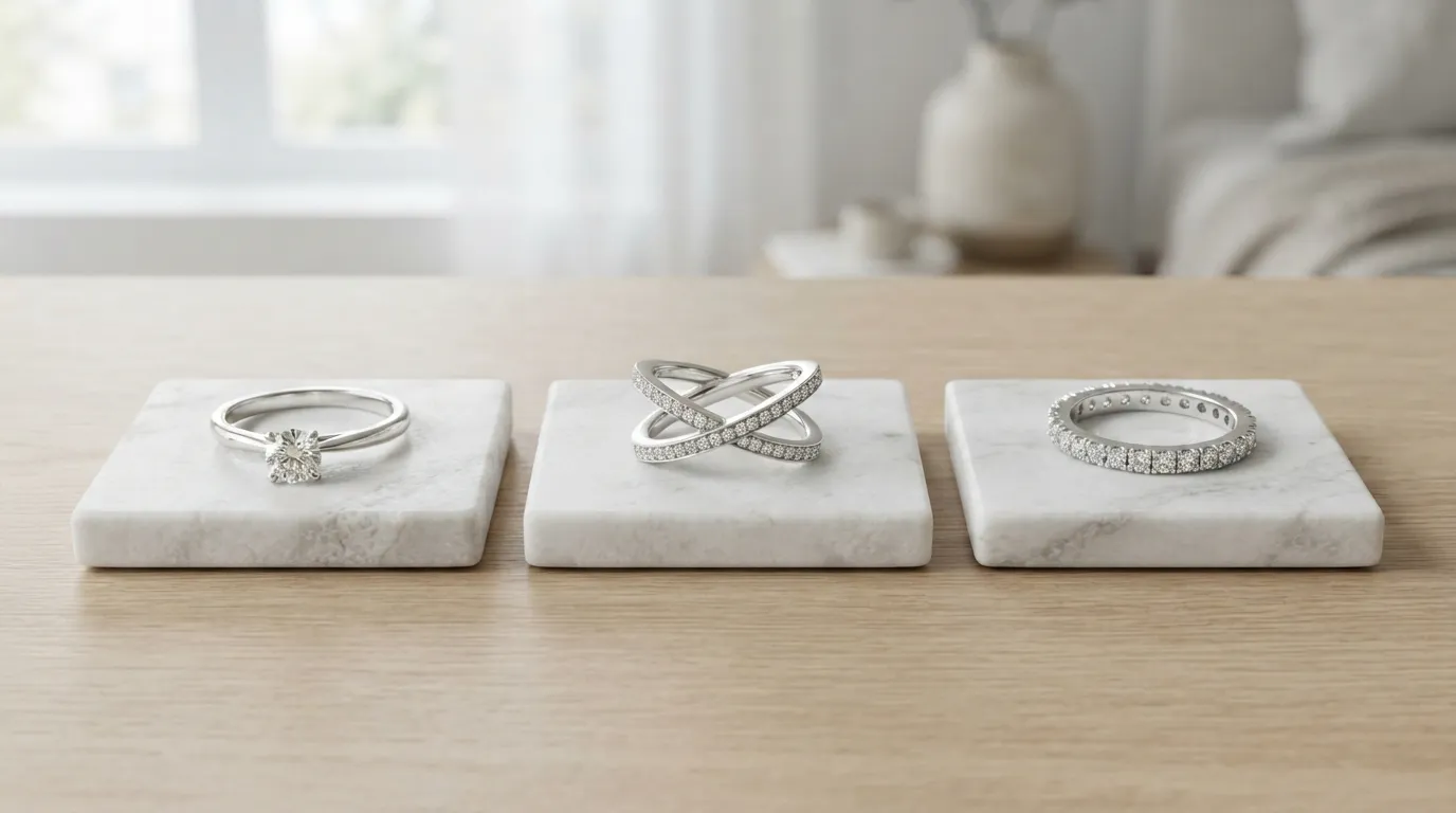 A consistent grid of three distinct silver rings on identical white stone backdrops