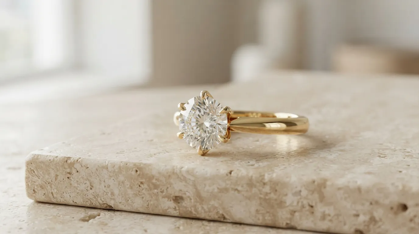 Macro close-up photo showing a gold diamond ring with realistic metal reflections and sharp cuts