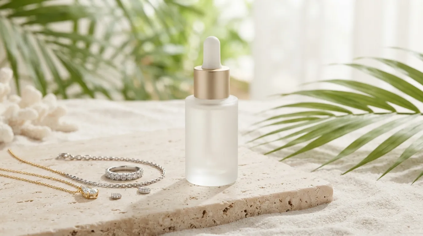 UGC photo of a cosmetic bottle styled next to tropical palm leaves and sand in bright sunlight