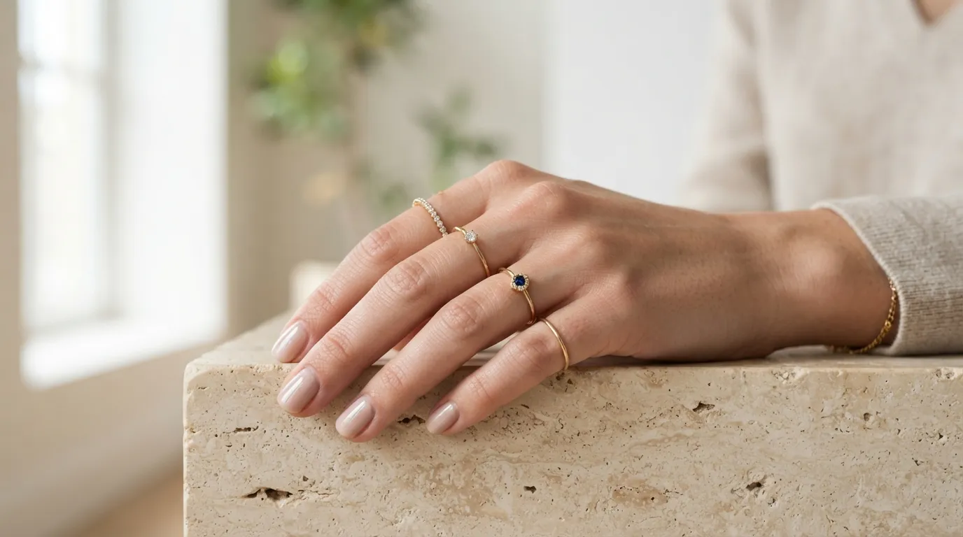 UGC close-up lifestyle photo of a model's hand wearing a fine gold gemstone ring in natural sun light