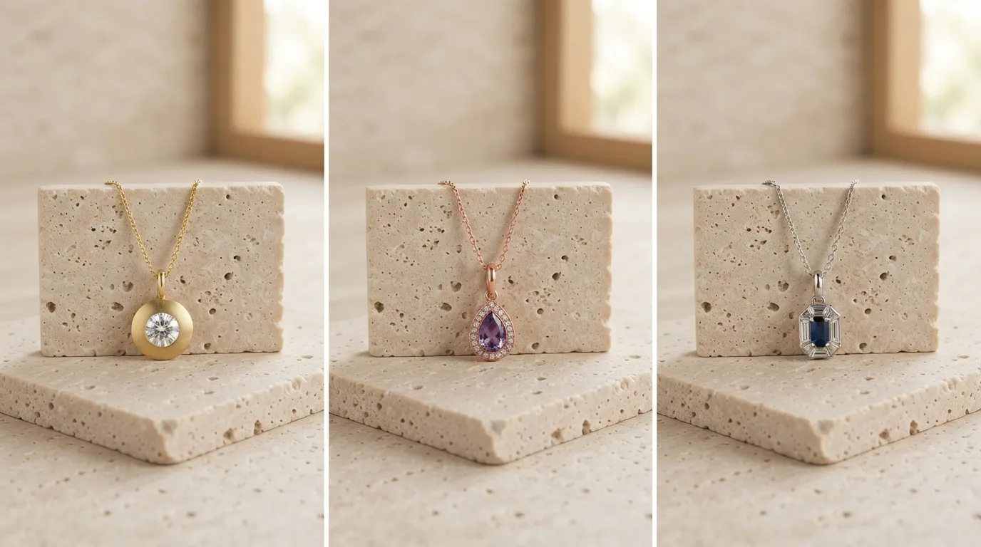 Consistent grid showing three different gold pendants on identical beige stone backdrops