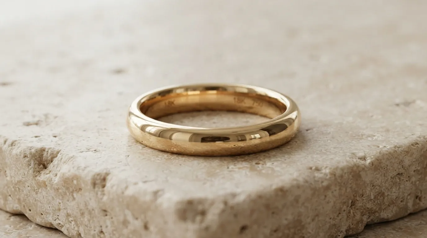 Macro close-up photo showing a gold wedding band with sharp metallic textures and reflections
