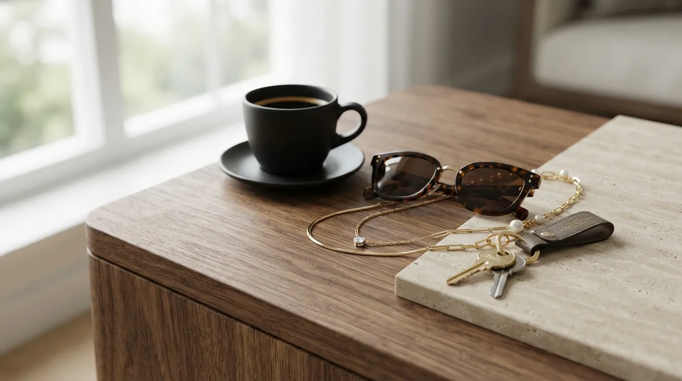 UGC photo of a coffee cup styled with sunglasses and keys on a wooden table, soft window light