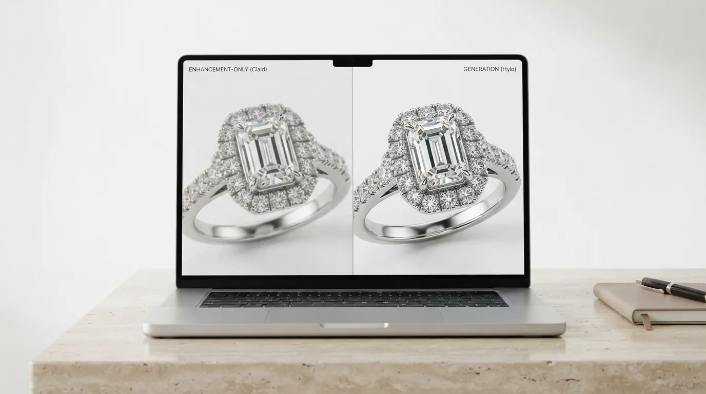 Close-up photo of a laptop screen displaying a side-by-side upscaled jewelry photo comparison