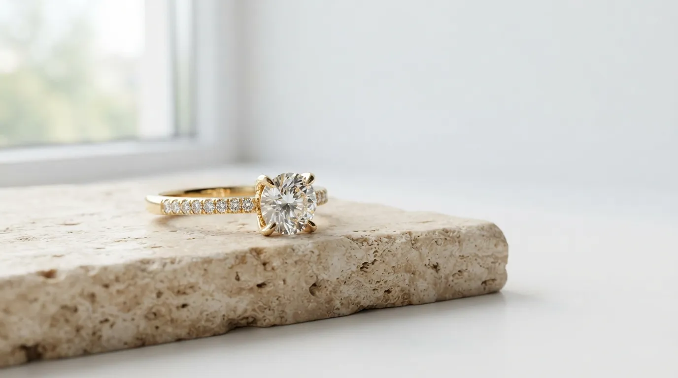 Gold ring styled elegantly on a warm travertine stone base in soft window sunlight