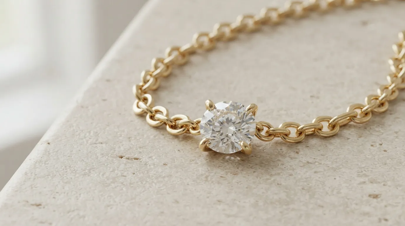 Macro close-up photo of clean, sharp gold chain links and prongs