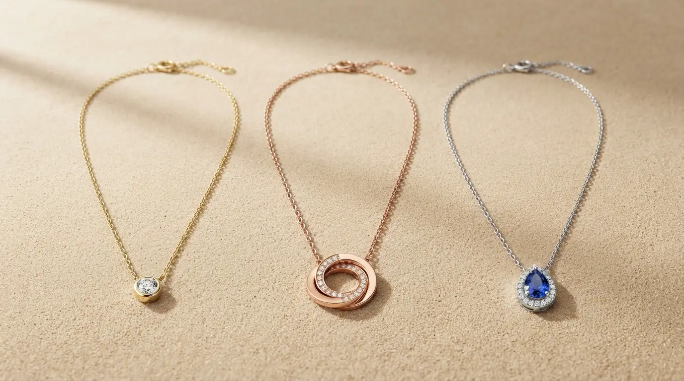 Consistent grid of three different gold necklaces on a warm sand background