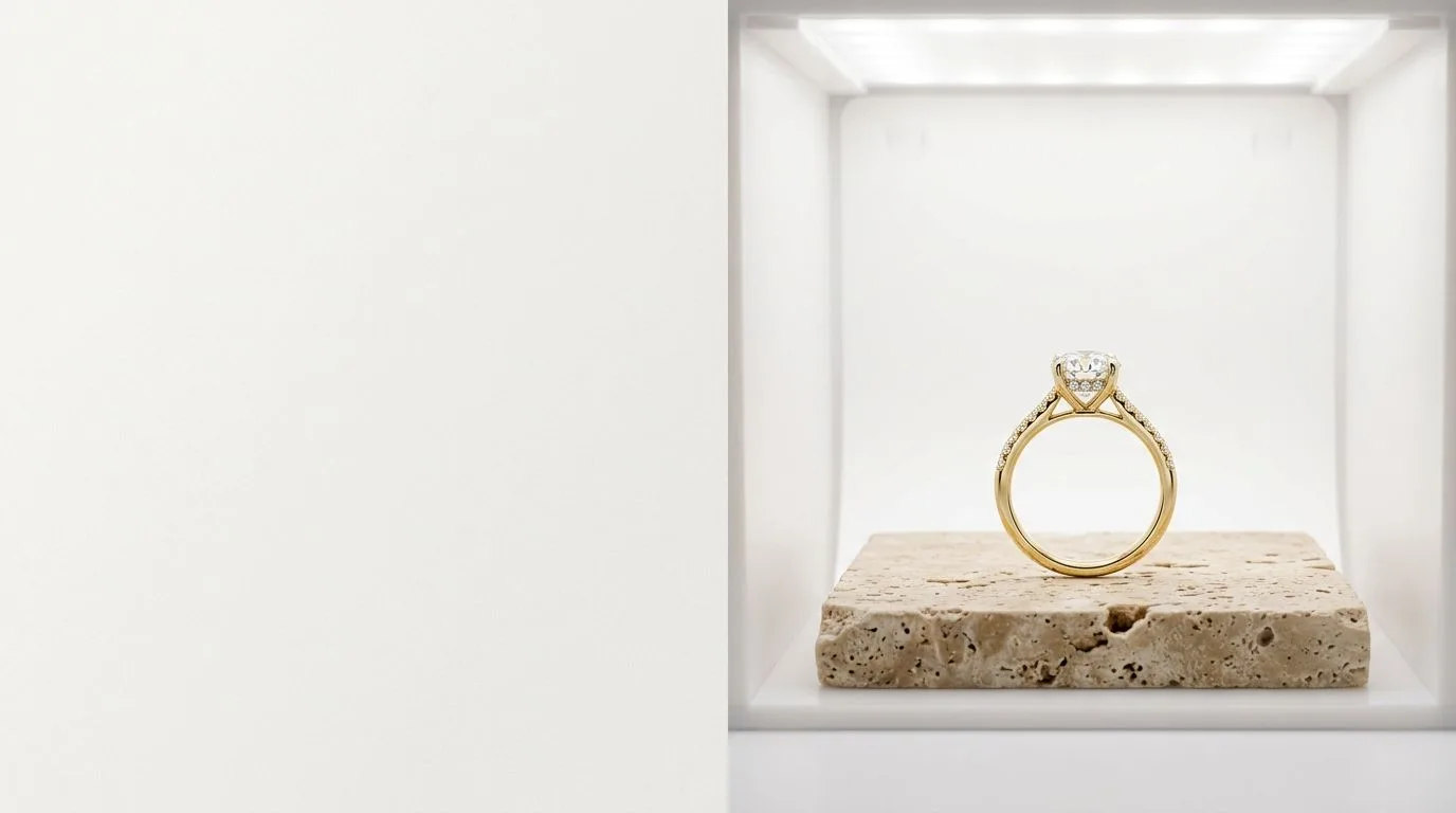 Gold solitaire diamond ring resting on travertine inside a studio photography lightbox setup
