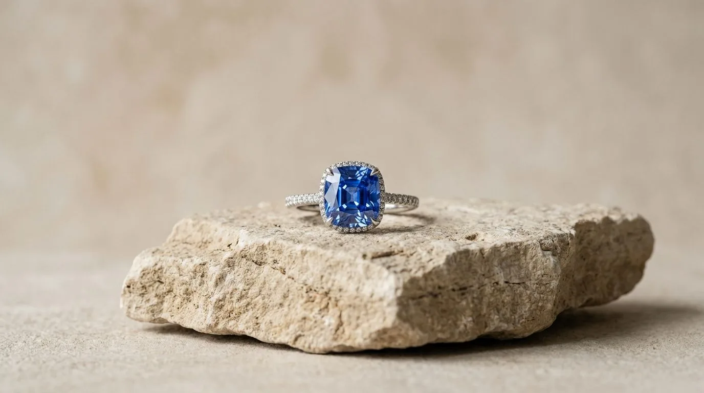 Fine sapphire gemstone ring on neutral limestone showing high-fidelity facet reflection and edge detail