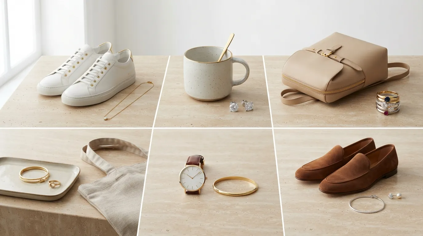 Grid of various mixed products including a shoe, a mug, and a backpack on clean pastel backgrounds