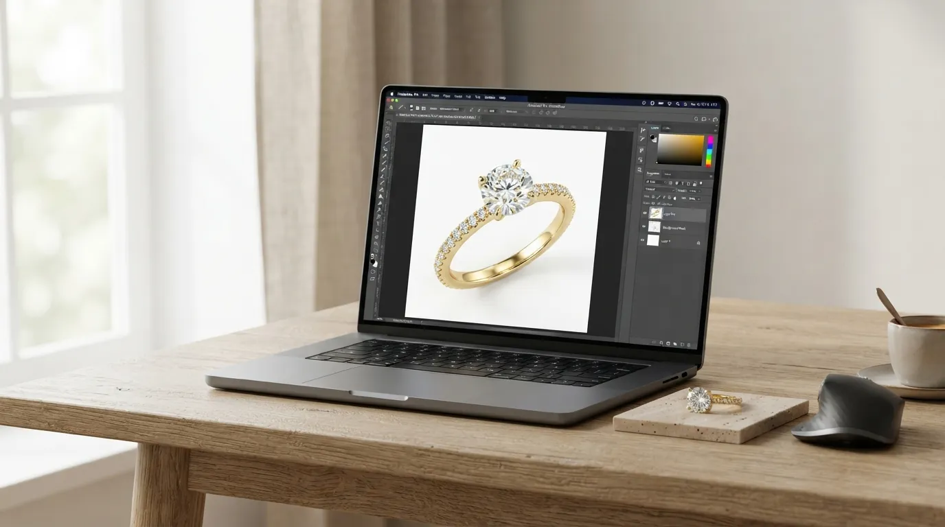 Macro close-up photo showing a gold diamond ring with realistic metal reflections and sharp cuts