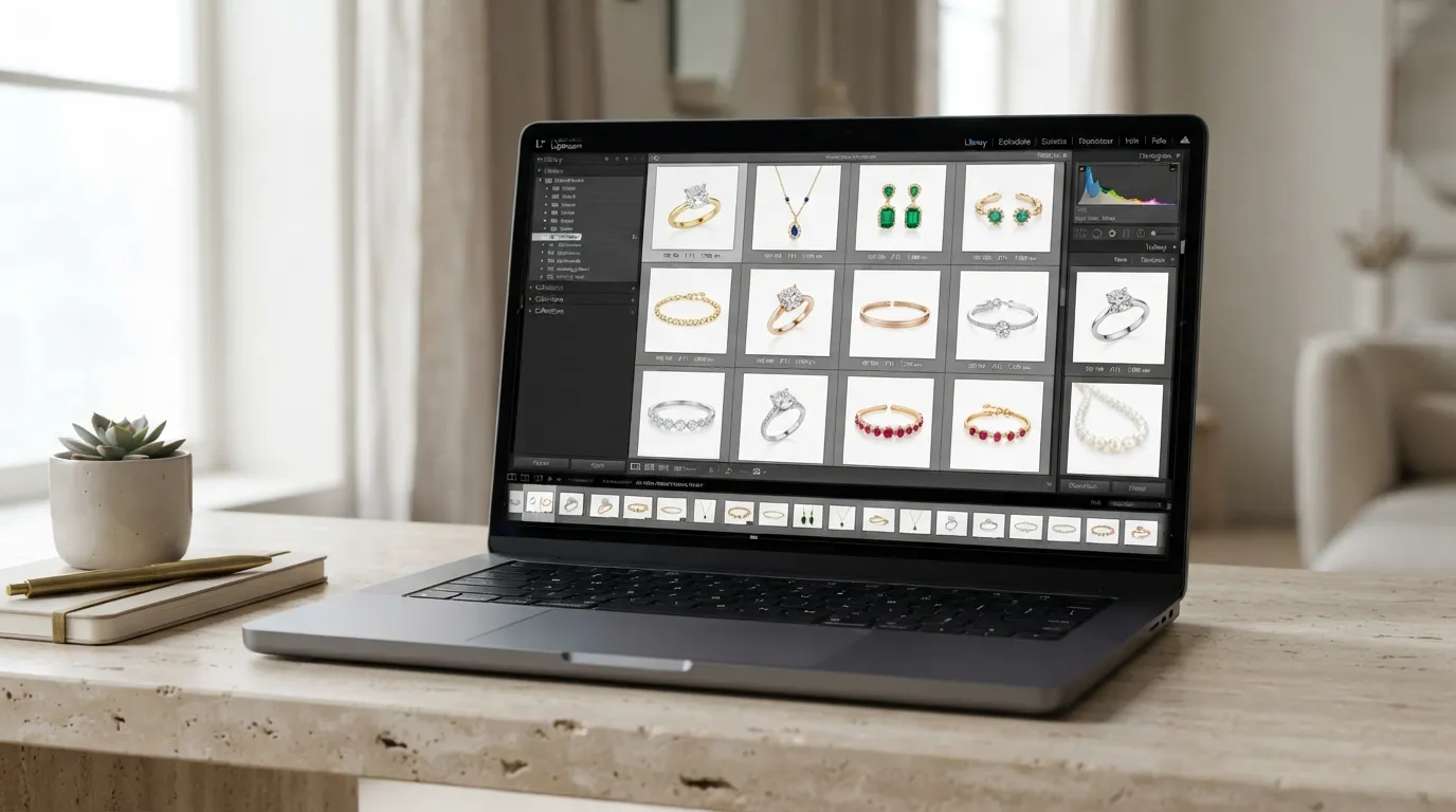 UGC photo of a dashboard on a laptop screen showing brand kit settings and jewelry background templates