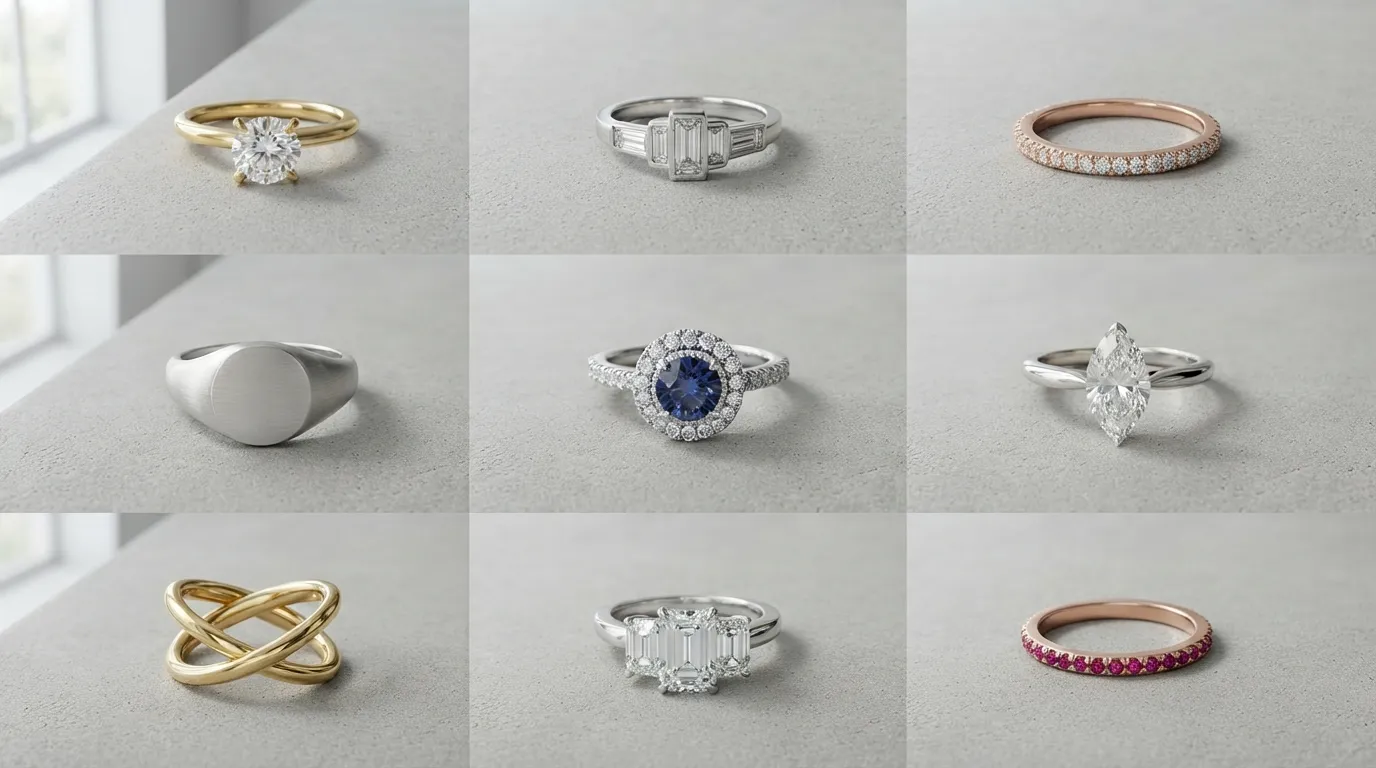 Consistent grid of several elegant rings with matching grey backgrounds