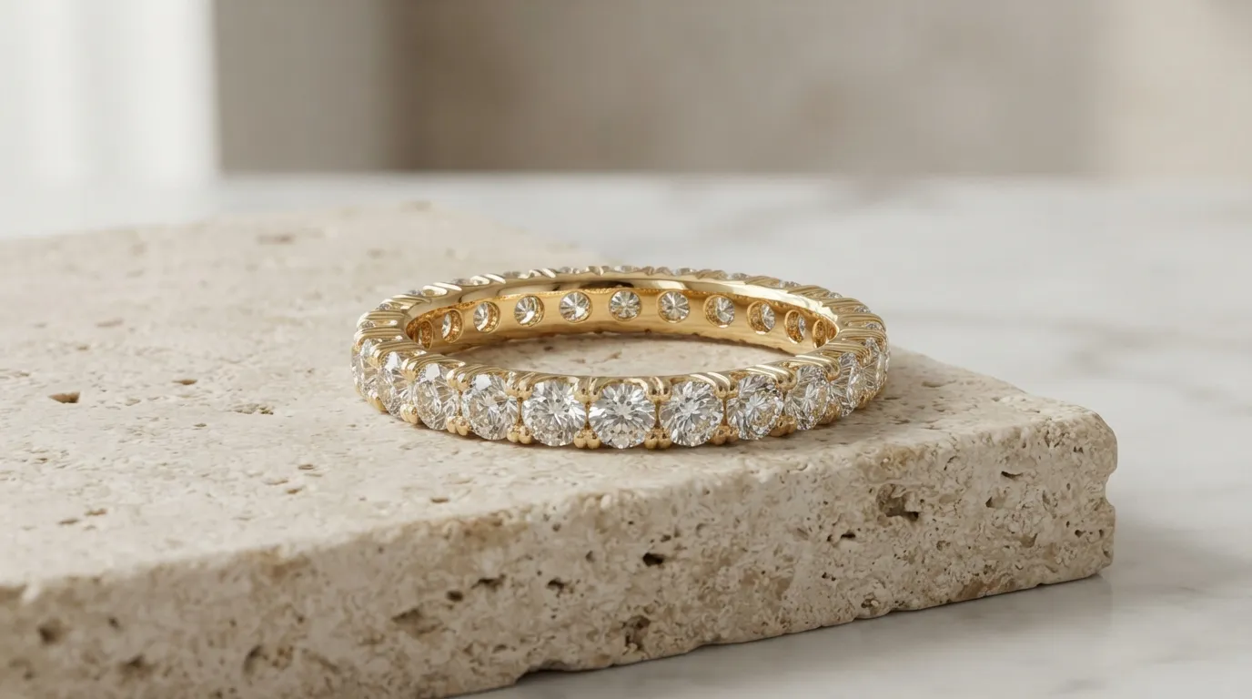 Macro photo of a gold band ring showing accurate metal reflections and stone cuts