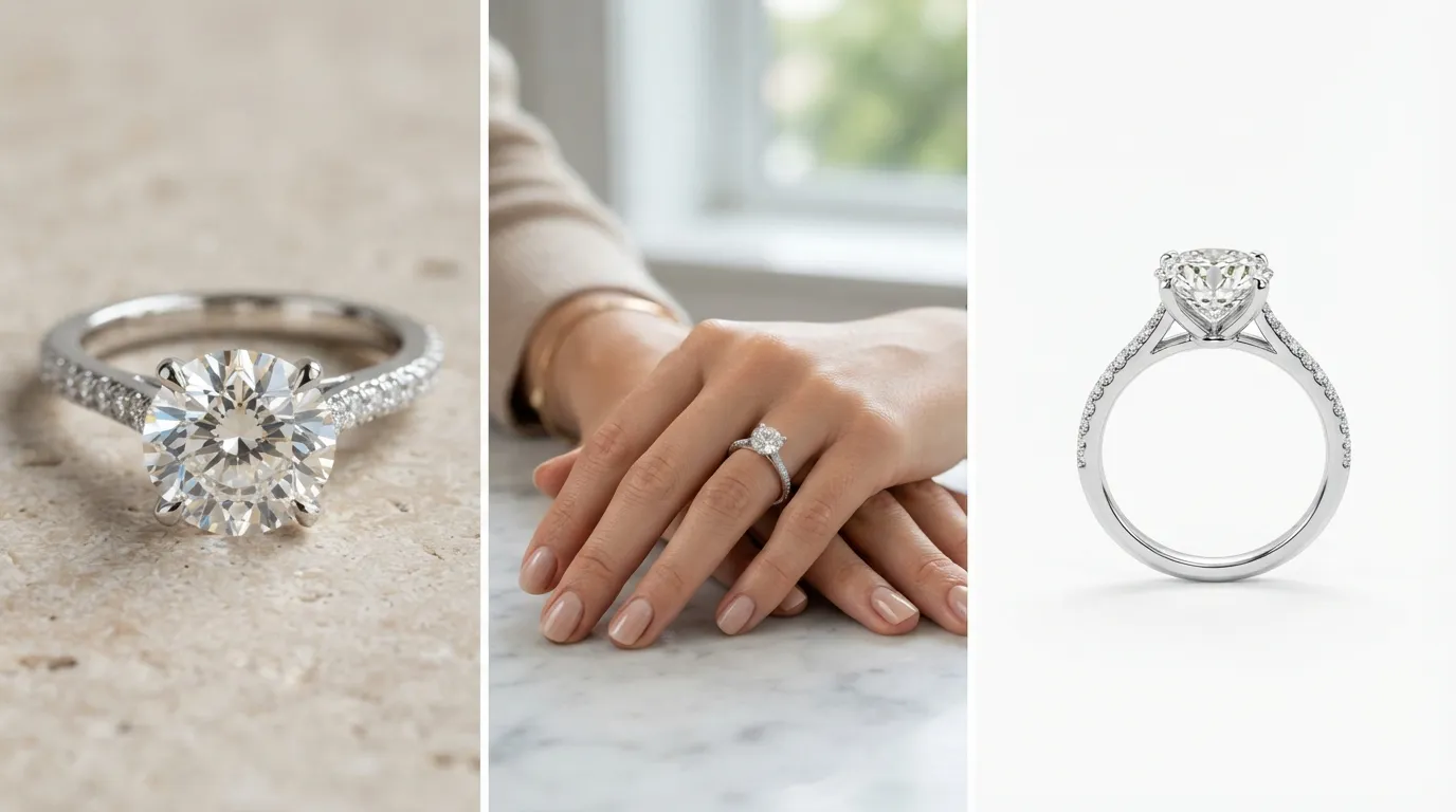 Grid of three images: macro diamond details, on-hand lifestyle fit, and pure white background isolation
