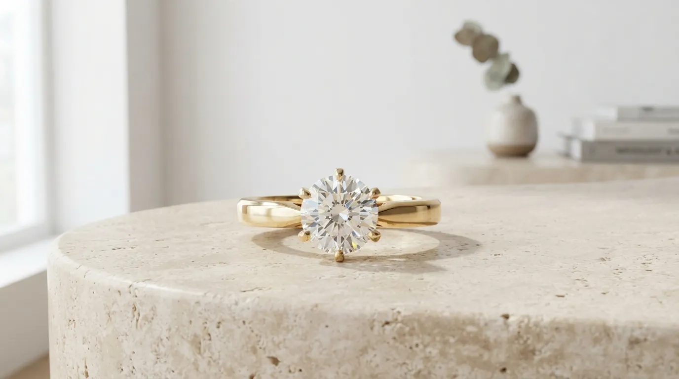 Macro close-up photo of clean, sharp gold prongs securing a large sparkling diamond
