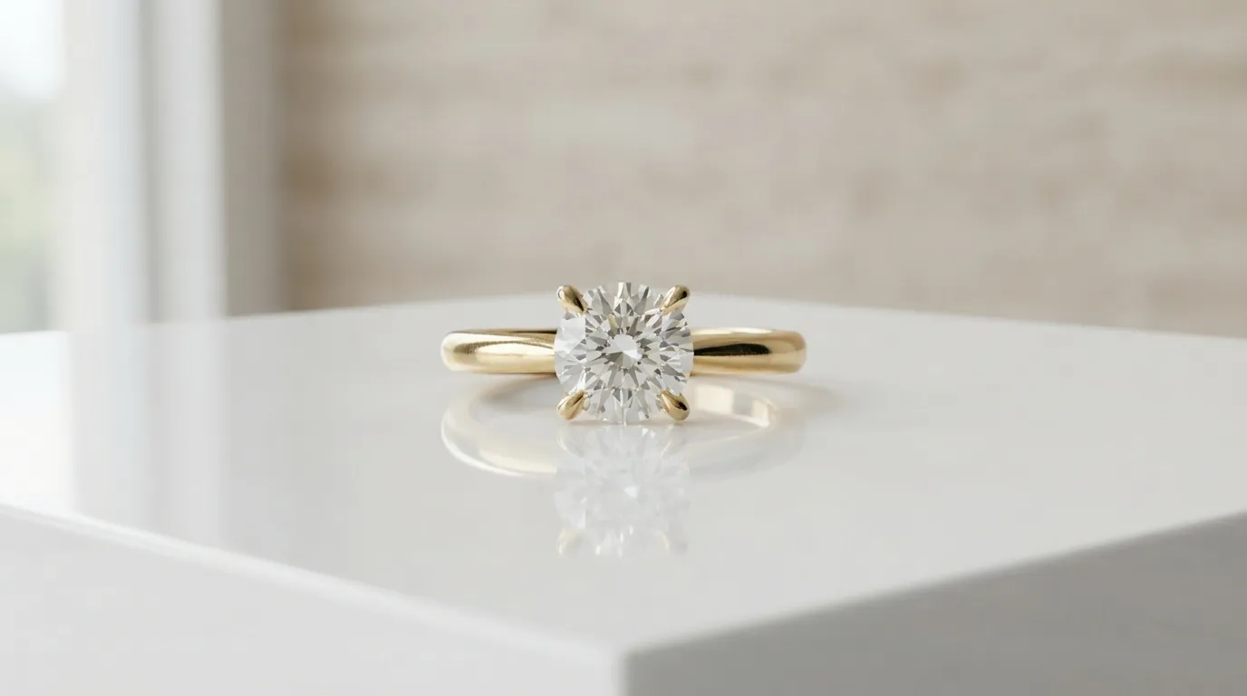 A high-end gold diamond ring reflecting beautifully on a polished white cast acrylic sheet