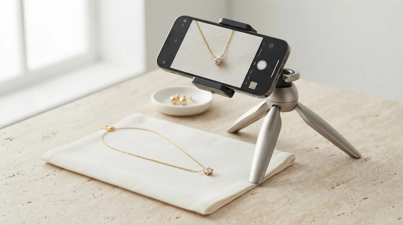 Close-up UGC photo of an iPhone on a small tripod capturing a gold necklace flat lay