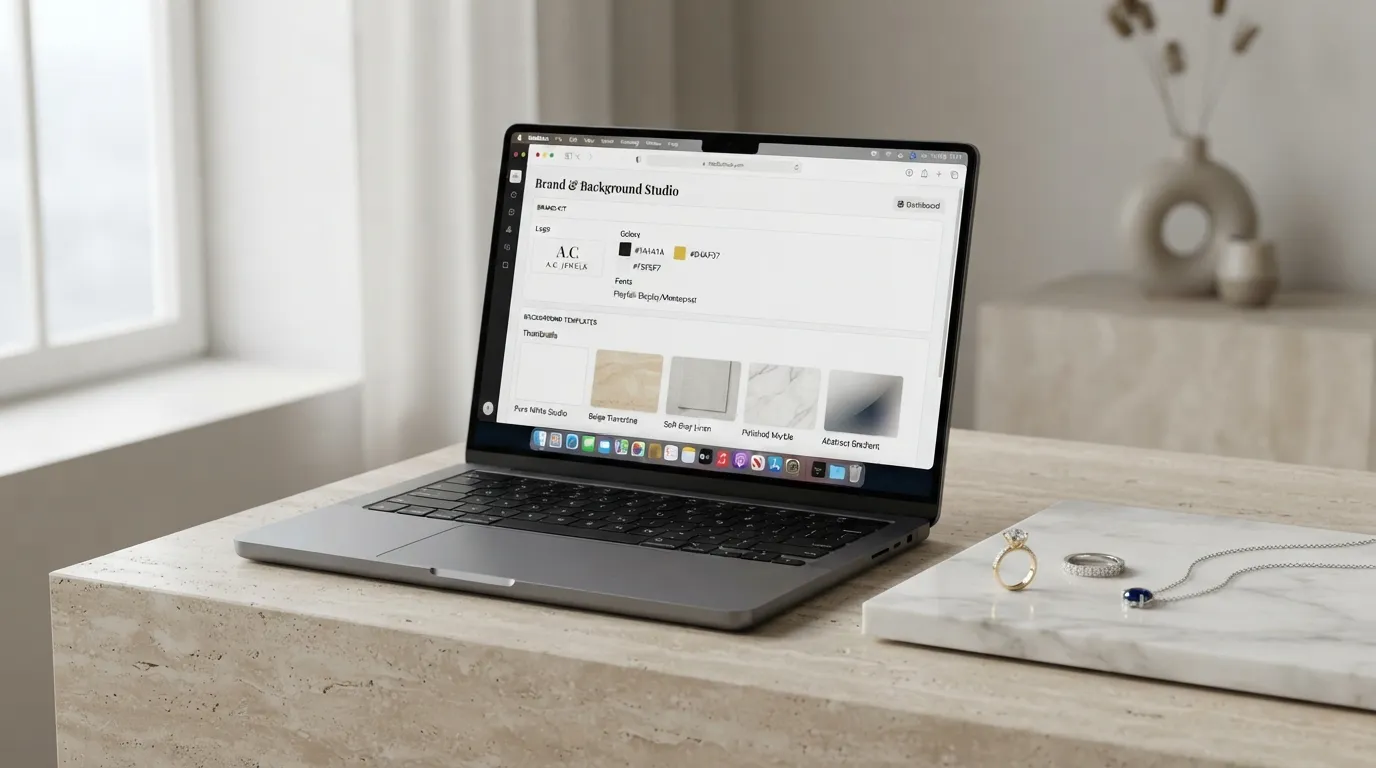 Close-up UGC photo of a laptop screen running Lightroom with a grid of professional gold jewelry product photos displayed