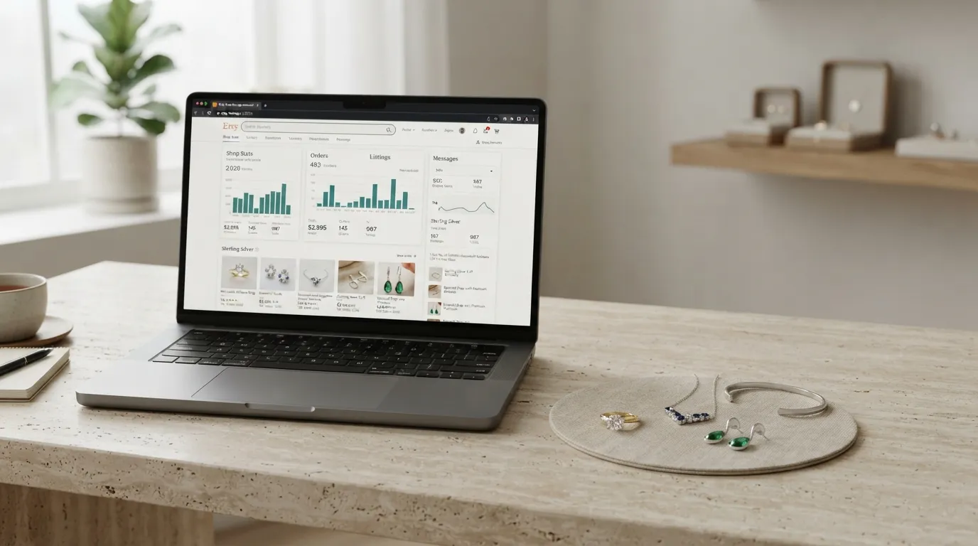 Close-up UGC photo of a laptop displaying Etsy shop manager dashboard