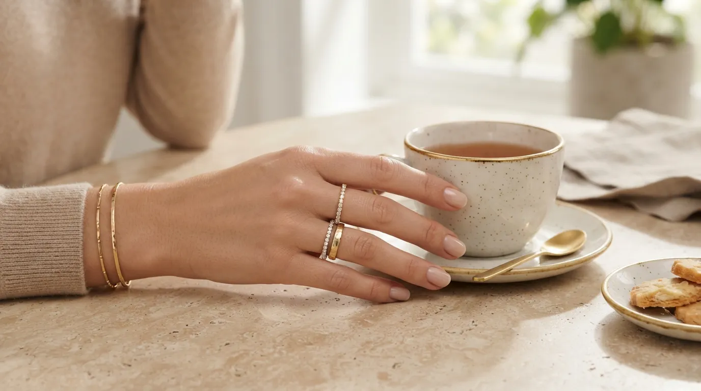 UGC close-up lifestyle photo of a model wearing delicate stackable gold rings, sunlit tea setting