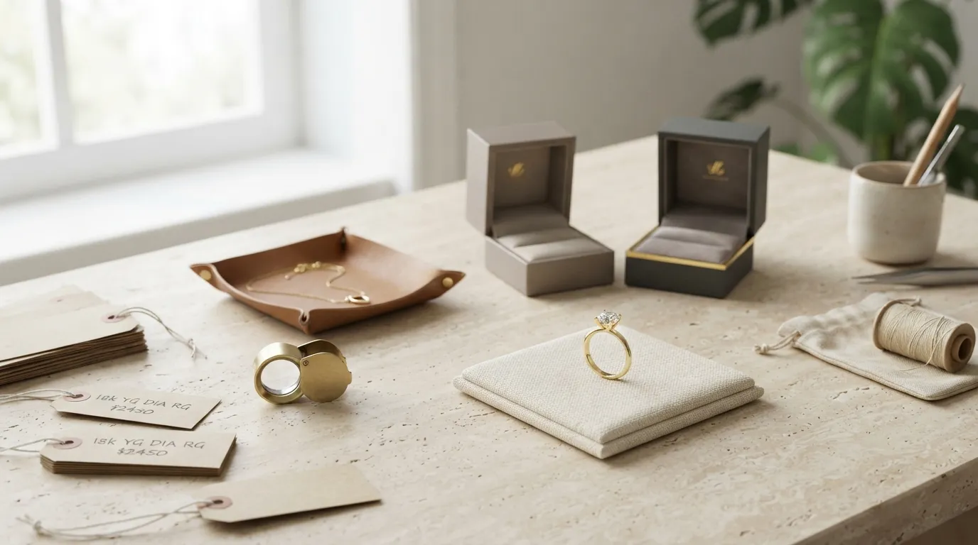 UGC photo showing a clean workspace with jewelry tags, boxes, and a gold ring