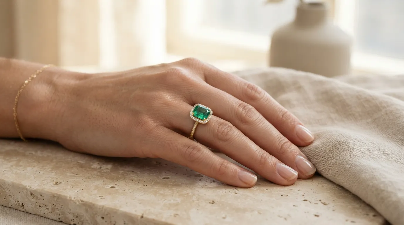 UGC photo of a model wearing delicate gold rings, close-up hand shot in natural light