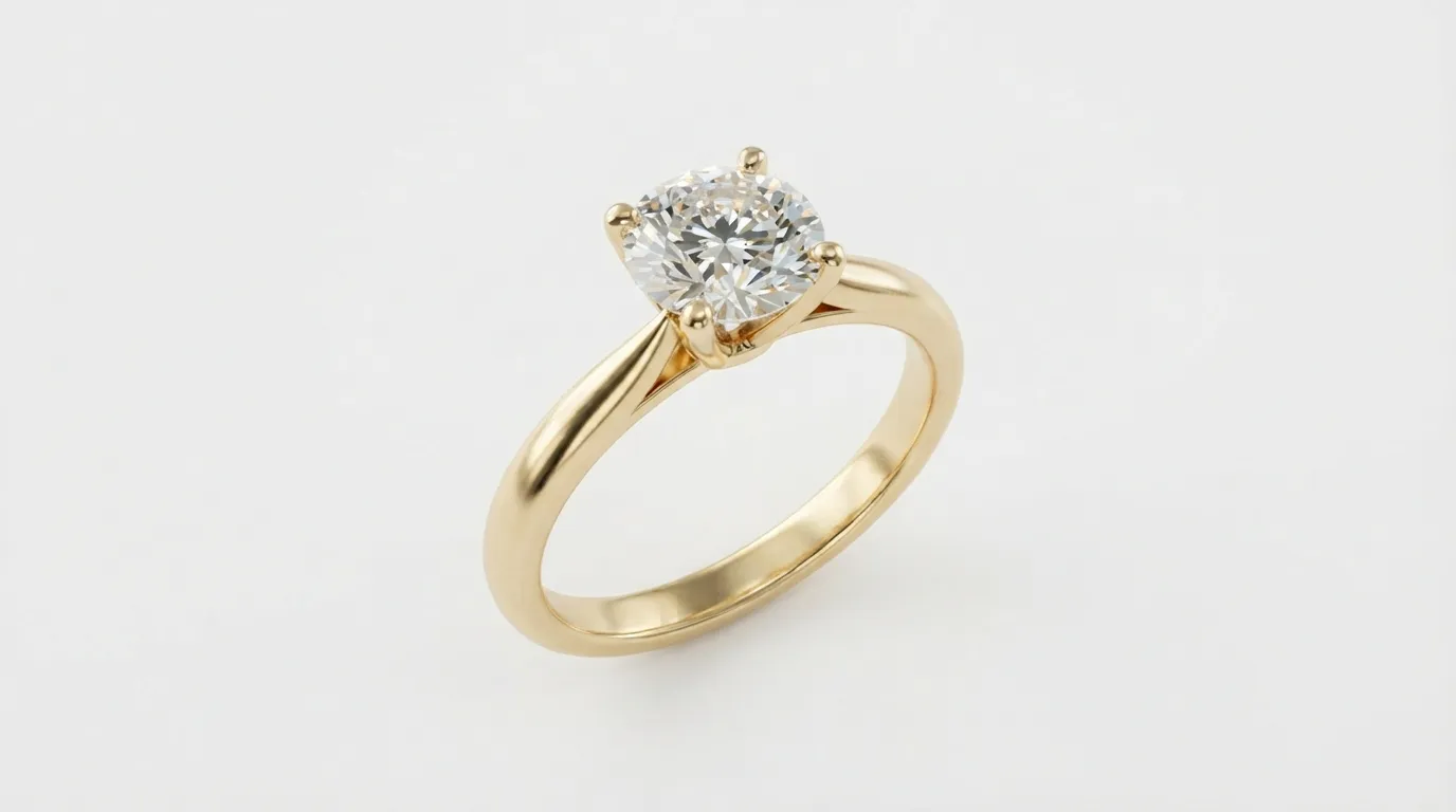 Gold diamond ring resting on a white cast acrylic sheet next to window