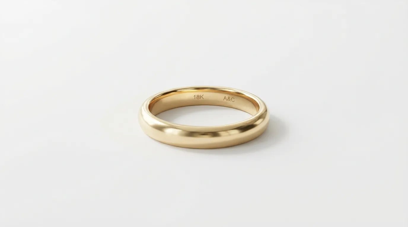 Gold wedding band casting a soft, clean natural drop shadow on pure white surface