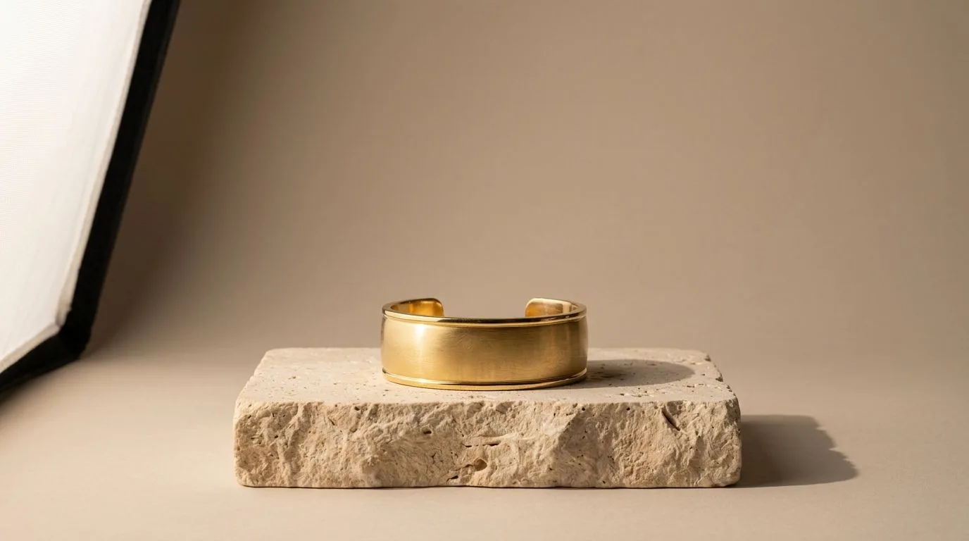 Gold cuff bangle bracelet on a beige travertine platform with clean studio shadows
