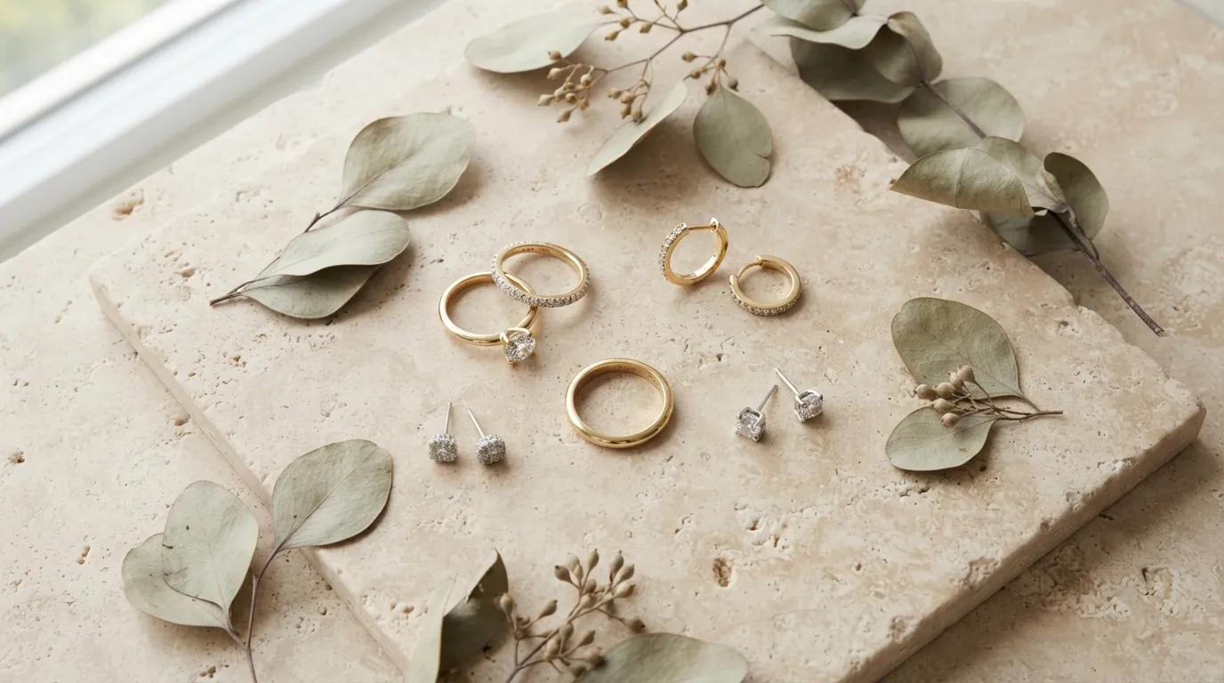Flat lay of gold rings and earrings styled elegantly with dried eucalyptus leaves on stone tile