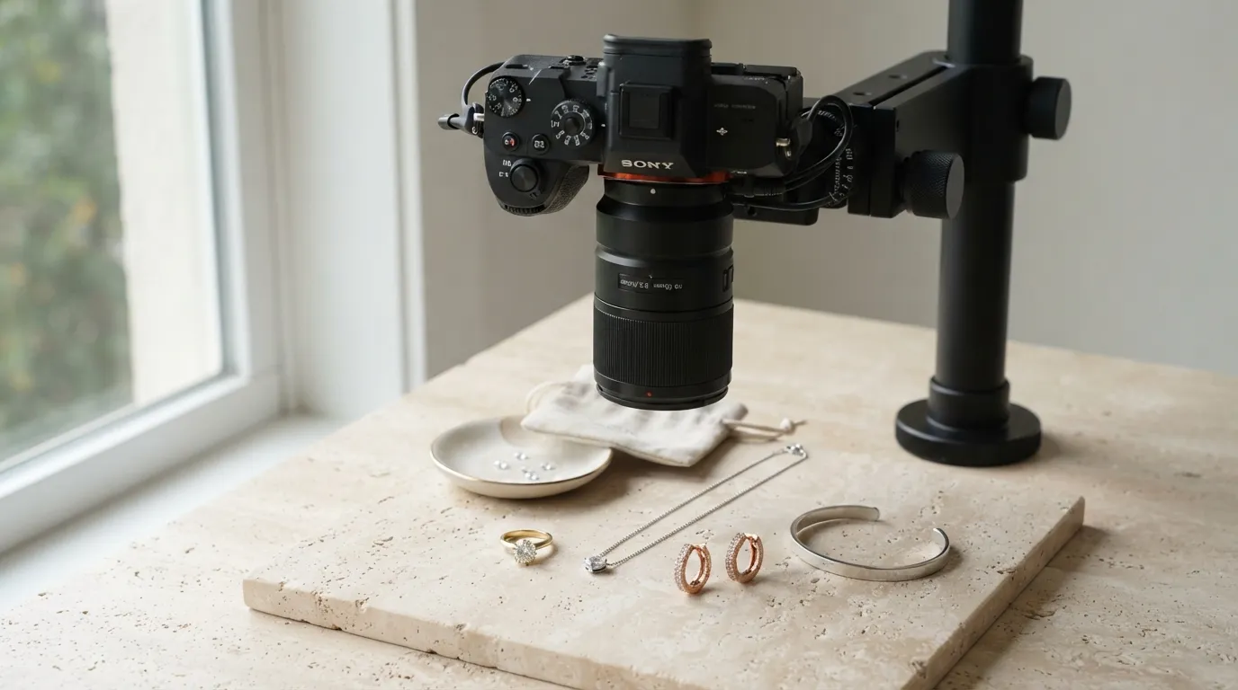 UGC photo of a camera mounted on a copy stand pointing down at a flat lay set on table