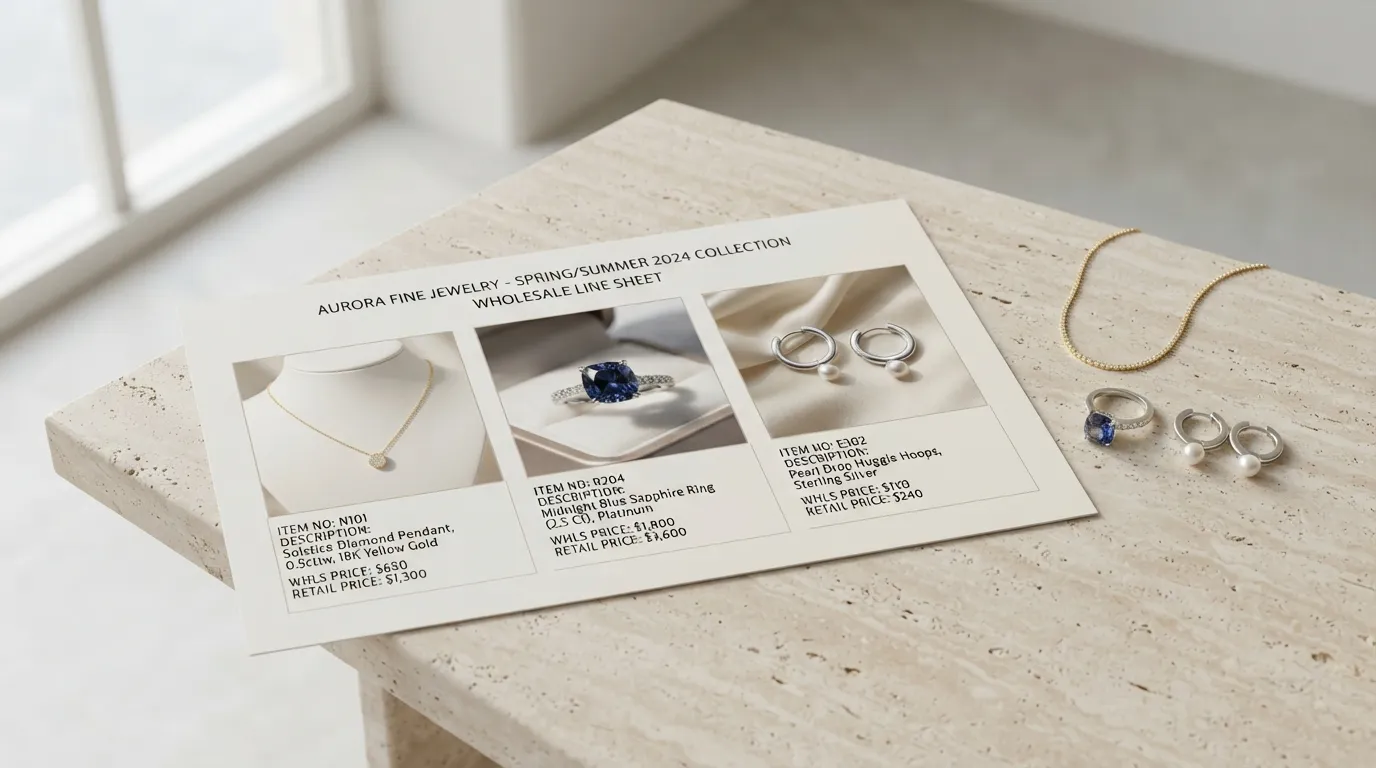 Close-up of a printed professional jewelry line sheet with product details and prices