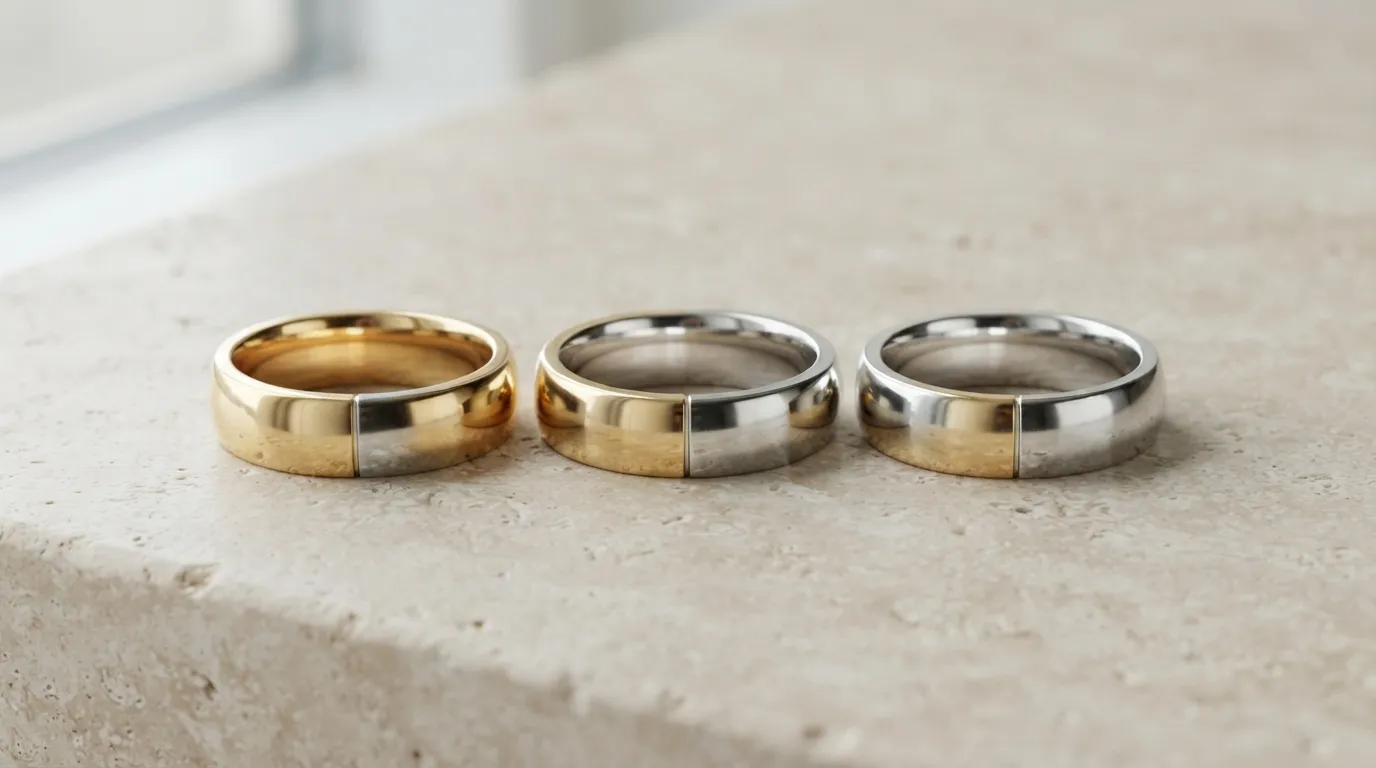 Three matching gold and silver wedding bands side by side in identical lighting