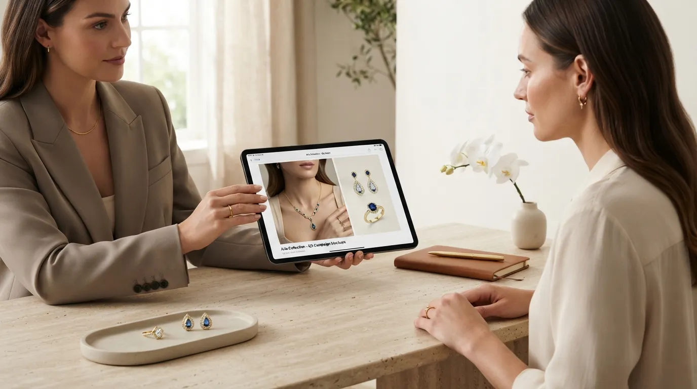 Close-up UGC-style photo of a person presenting beautiful jewelry mockups on an iPad to a client