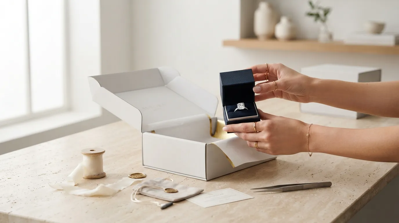 Close-up photo of hands boxing up jewelry orders in a clean packaging station