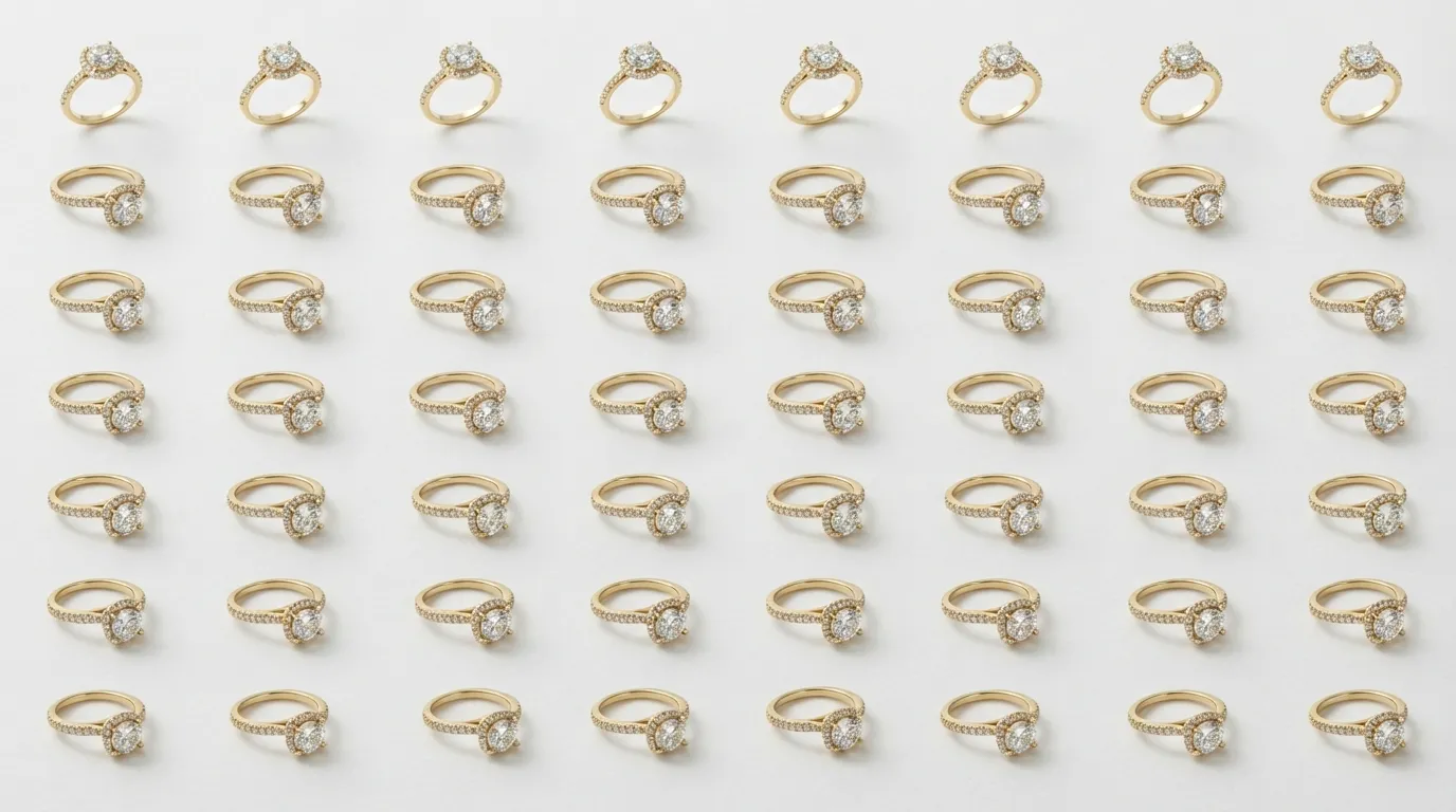 Grid of numerous gold rings showing identical angles and white backgrounds